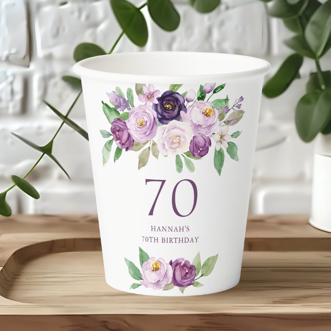 Elegant Purple | Violet Floral 70th Birthday  Paper Cups (Creator Uploaded)