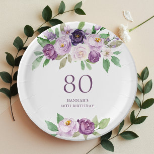 Elegant Purple   Violet Floral 80th Birthday  Paper Plate