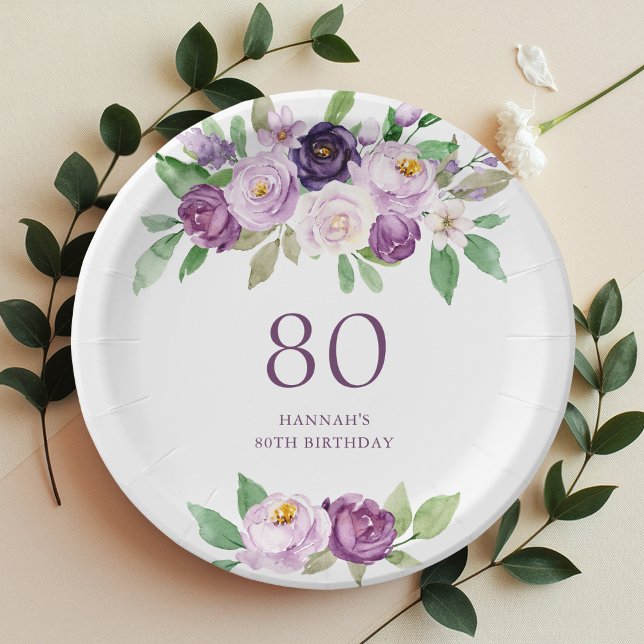 Elegant Purple | Violet Floral 80th Birthday  Paper Plate (Creator Uploaded)
