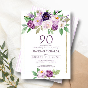 Elegant Purple Violet Floral 90th Birthday Invitation