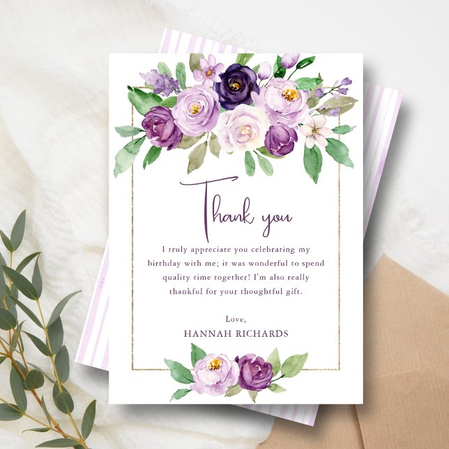 Elegant Purple | Violet Floral Birthday  Thank You Card (Creator Uploaded)