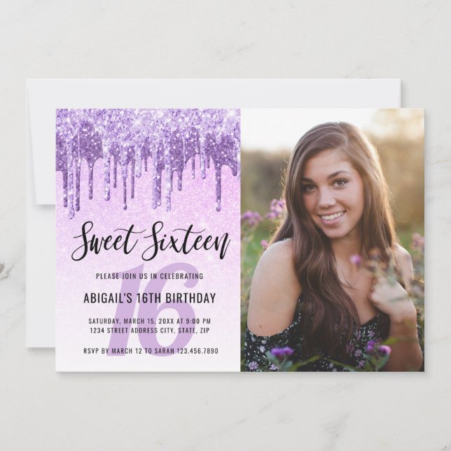 Elegant purple violet glitter drips sweet sixteen invitation (Front)