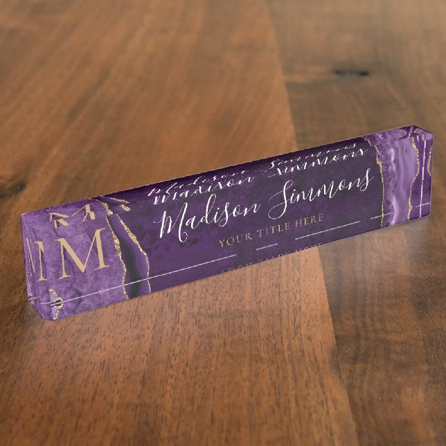 Elegant Purple Violet Gold Agate Geode Monogram Nameplate (Side)