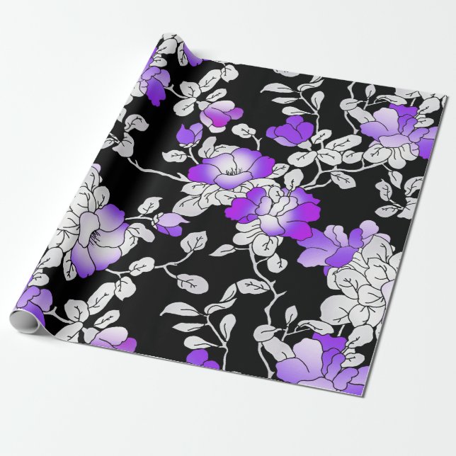 Elegant Purple Violet White Black Floral Decoupage Wrapping Paper (Unrolled)