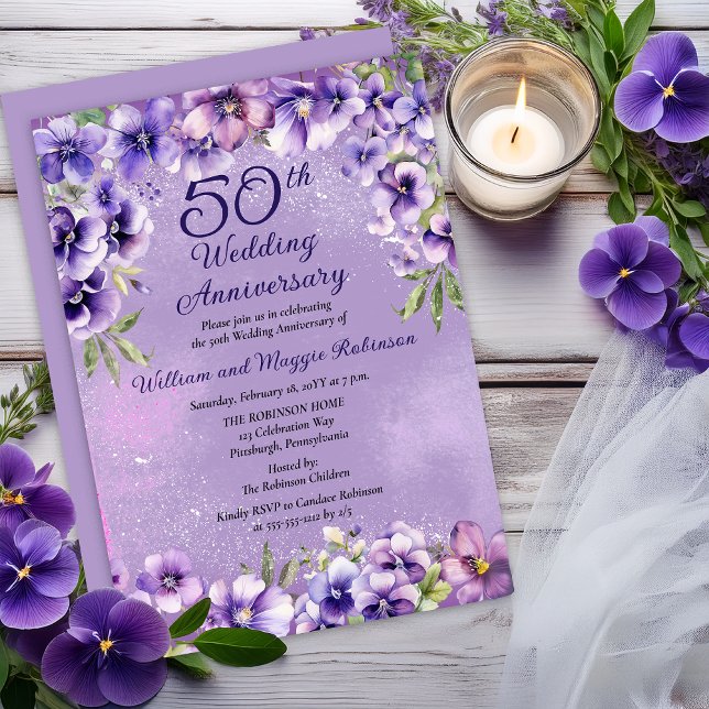 Elegant Purple Violets 50th Wedding Anniversary  Invitation (Elegant Purple Violets 50th Wedding Anniversary Invitation -- Print | Digital Download)