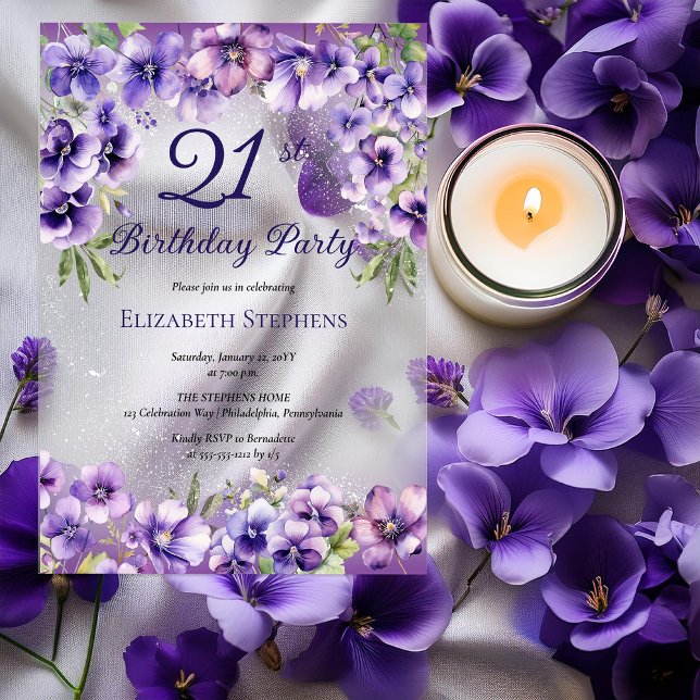 Elegant Purple Violets Floral 21st Birthday Party  Acrylic Invitations (Elegant Purple Violets Floral 21st Birthday Party Acrylic Invitations)