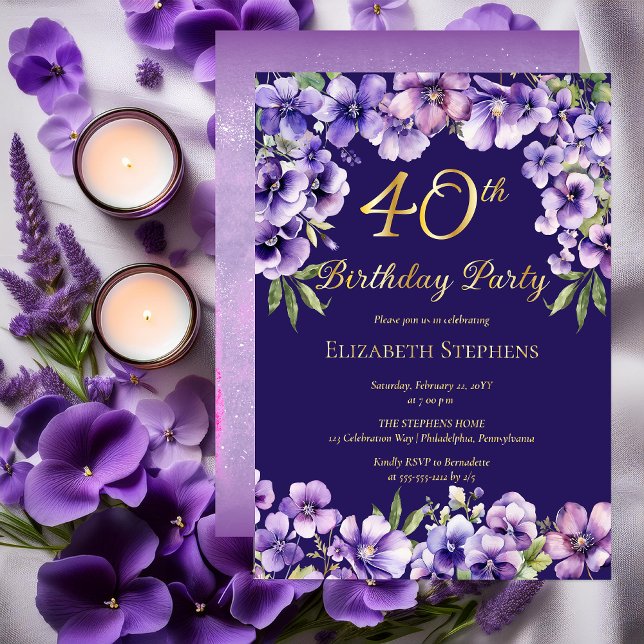 Elegant Purple Violets Floral 40th Birthday Party (Elegant Purple Violets Floral 40th Birthday Party Gold Foil Invitation)