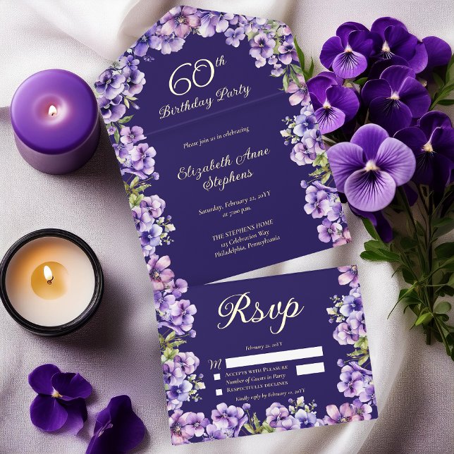 Elegant Purple Violets Floral 60th Birthday Party All In One Invitation (Elegant Boho Purple Violets Floral Formal 60th Birthday Party All in One Gold Foil Invitation)
