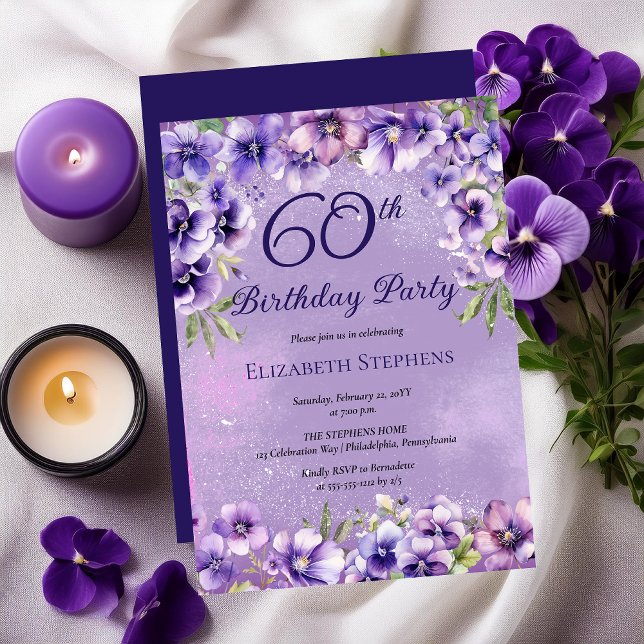 Elegant Purple Violets Floral 60th Birthday Party  Invitation (Elegant Purple Violets Floral 60th Birthday Party Invitation)