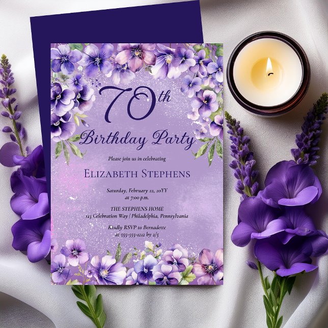Elegant Purple Violets Floral 70th Birthday Party  Invitation (Elegant Purple Violets Floral 70th Birthday Party Invitation)