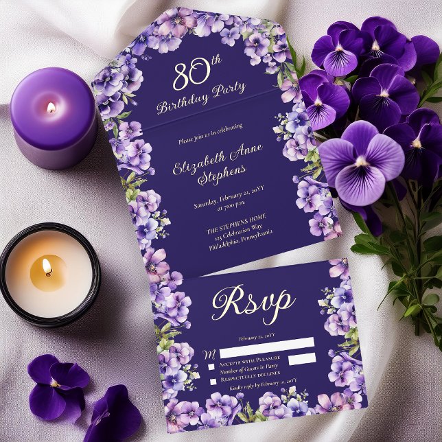 Elegant Purple Violets Floral 80th Birthday Party All In One Invitation (Elegant Boho Purple Violets Floral Formal 80th Birthday Party All in One Gold Foil Invitation)