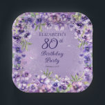 Elegant Purple Violets Floral 80th Birthday Party  Paper Plate<br><div class="desc">Elegant purple violets floral design "80th Birthday Party" design featuring a floral top and bottom swag of violets on a distressed violet and white stardust background.</div>