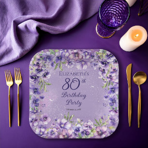 Elegant Purple Violets Floral 80th Birthday Party Paper Plate