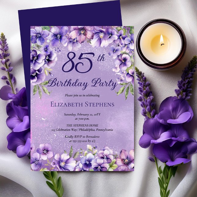 Elegant Purple Violets Floral 85th Birthday Party  Invitation (Elegant Purple Violets Floral 85th Birthday Party Invitation)