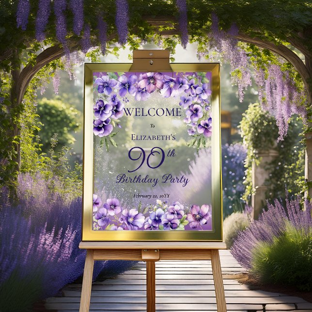 Elegant Purple Violets Floral 90th Birthday Party  Acrylic Sign (Elegant Purple Violets Floral 90th Birthday Party Acrylic Sign)