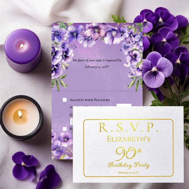 Elegant Purple Violets Floral Birthday Party RSVP Foil Card (Elegant Purple Violets Floral 90th Birthday Party RSVP Foil Invitation Folded Insert Enclosure Card)