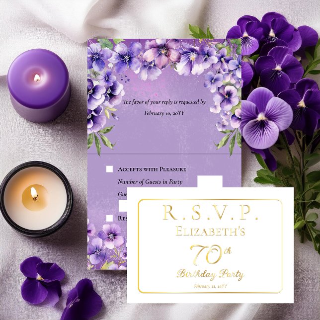 Elegant Purple Violets Floral Birthday Party RSVP Foil Card (Elegant Purple Violets Floral 70th Birthday Party RSVP Foil Invitation Folded Insert Enclosure Card)