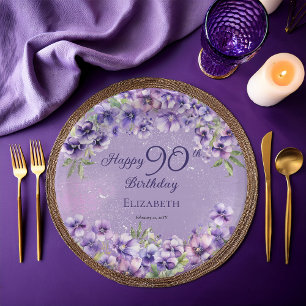 Elegant Purple Violets Floral Happy 90th Birthday Paper Plate