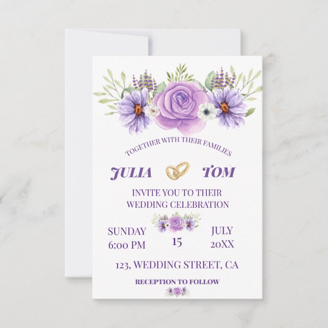 Elegant Purple Water Colour Floral Wedding RSVP Card (Front)