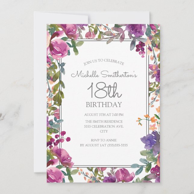 Elegant Purple Watercolor Floral 18th Birthday Invitation (Front)