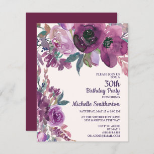 Elegant Purple Watercolor Floral 30TH Birthday Invitation