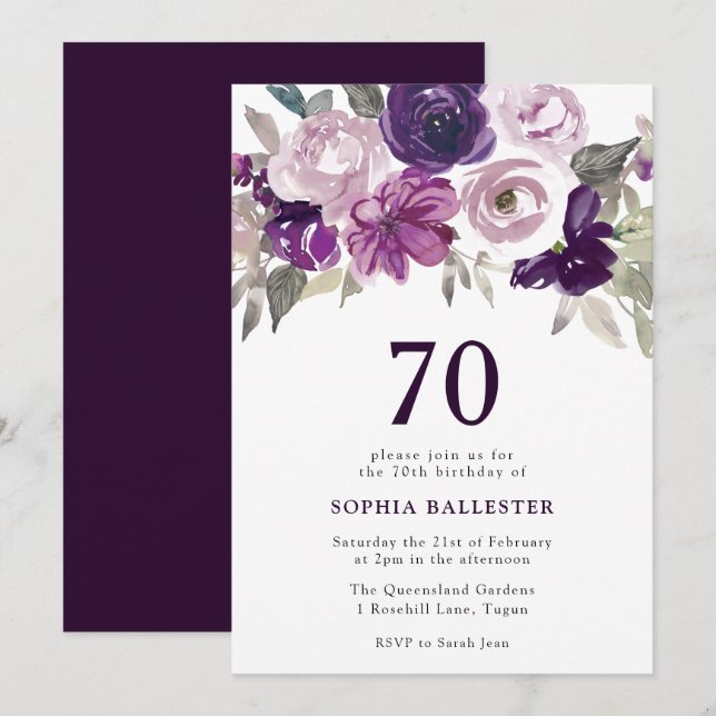 Elegant Purple Watercolor Floral 70th Birthday Invitation (Front/Back)