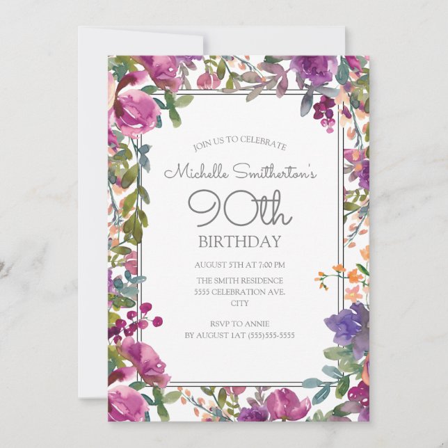 Elegant Purple Watercolor Floral 90th Birthday Invitation (Front)