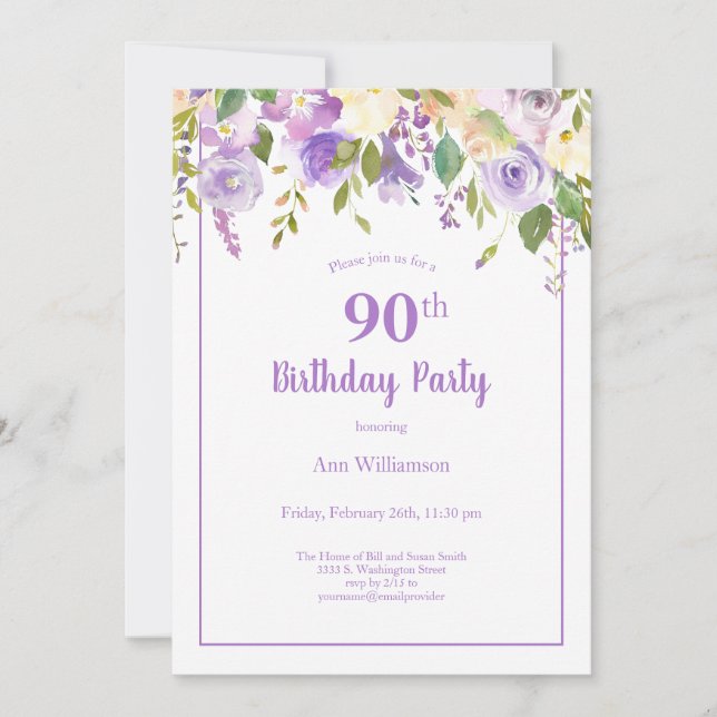 Elegant Purple Watercolor Floral 90th Birthday Invitation (Front)