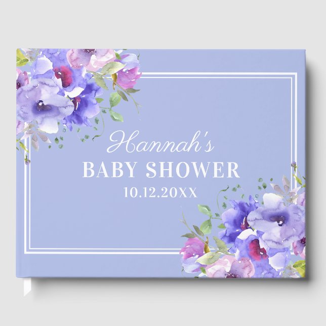 Elegant Purple Watercolor Floral Baby Shower Guest Book (Front)