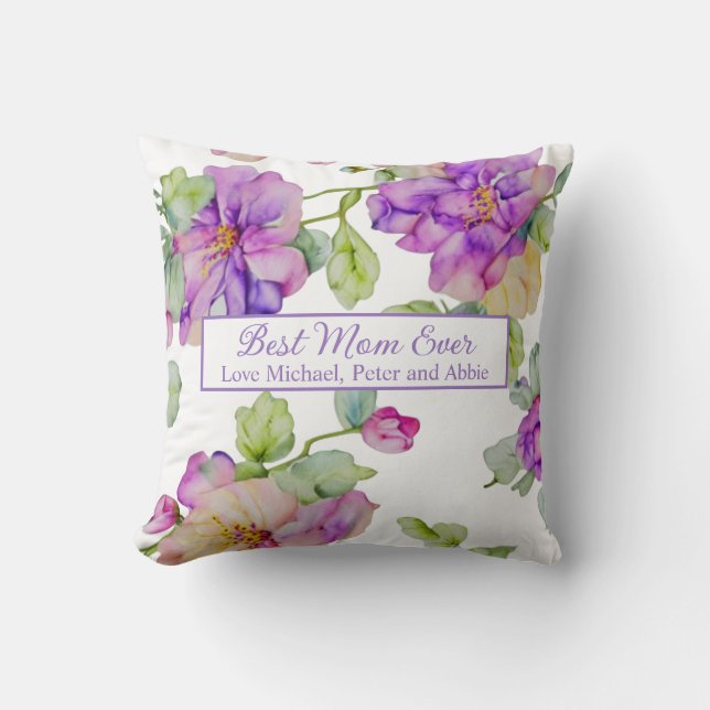 Elegant purple watercolor floral Best Mum Ever Cushion (Front)