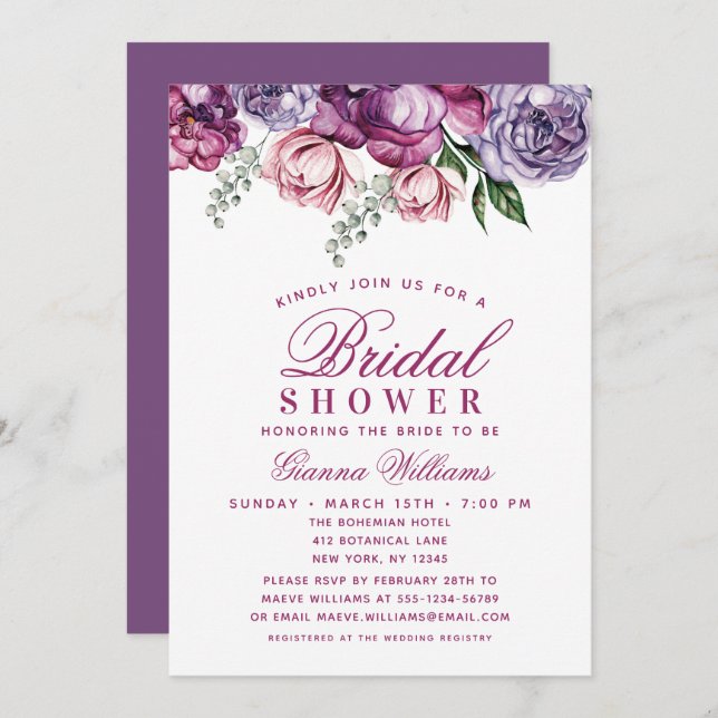 Elegant Purple Watercolor Floral Bridal Shower Invitation (Front/Back)