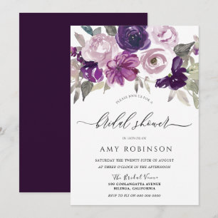 Elegant Purple Watercolor Floral Bridal Shower Invitation