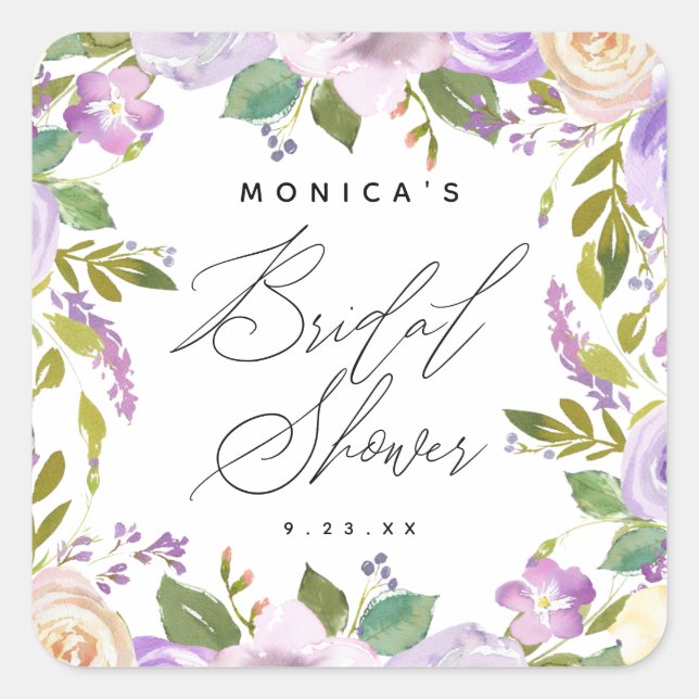 Elegant Purple Watercolor Floral  Bridal Shower Square Sticker (Front)