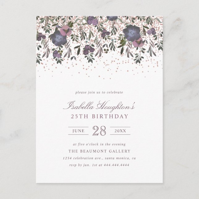 Elegant Purple Watercolor Floral Drop Birthday Invitation Postcard (Front)