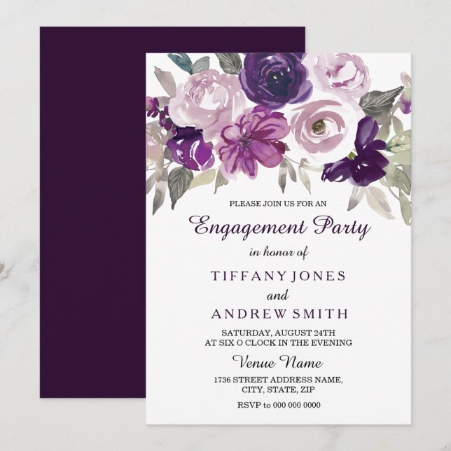 Elegant Purple Watercolor Floral Engagement Party Invitation (Front/Back)
