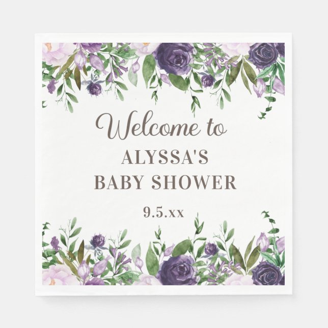 Elegant Purple Watercolor Floral Girl Baby Shower Napkin (Front)