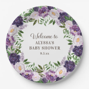 Elegant Purple Watercolor Floral Girl Baby Shower  Paper Plate