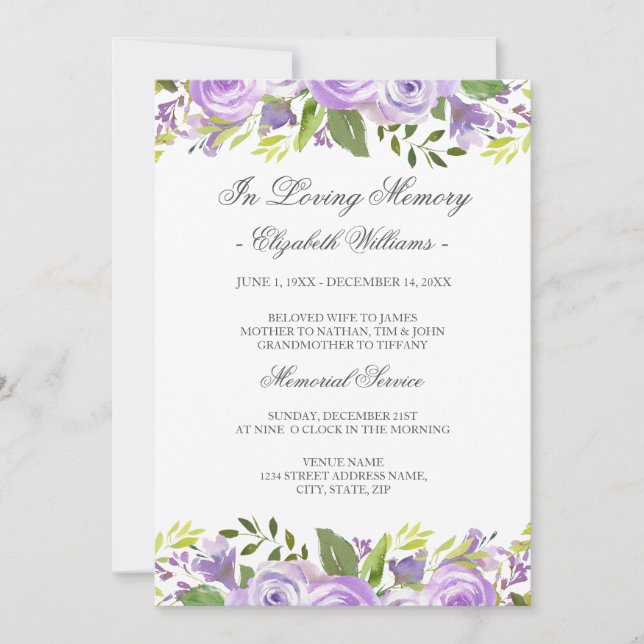 Elegant Purple Watercolor Floral Memorial Service Invitation (Front)