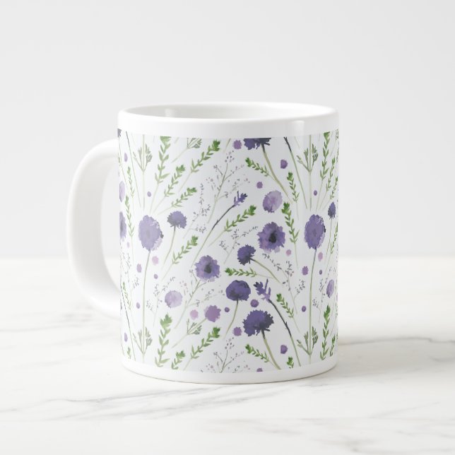 Elegant Purple Watercolor Floral Pattern Large Coffee Mug (Front Left)
