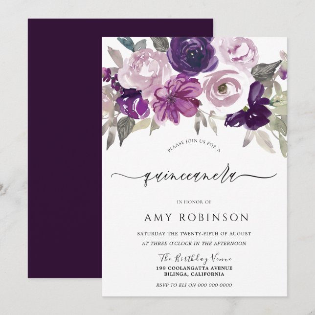 Elegant Purple Watercolor Floral Quinceanera Party Invitation (Front/Back)