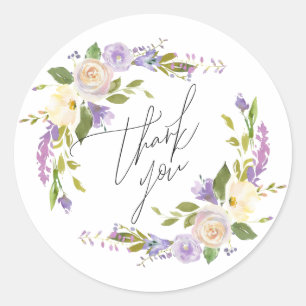 Elegant Purple Watercolor Floral Thank You Script Classic Round Sticker