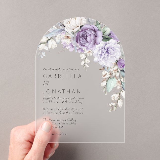 Elegant Purple Watercolor Floral Wedding Acrylic Invitations (Insitu (Handheld))