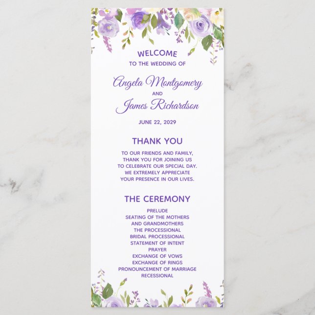 Elegant Purple Watercolor Floral Wedding Ceremony Programme (Front)