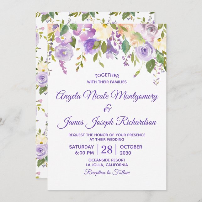 Elegant Purple Watercolor Floral Wedding Invitation (Front/Back)