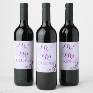 Elegant Purple Watercolor Floral Wine Label