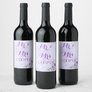 Elegant Purple Watercolor Floral Wine Label