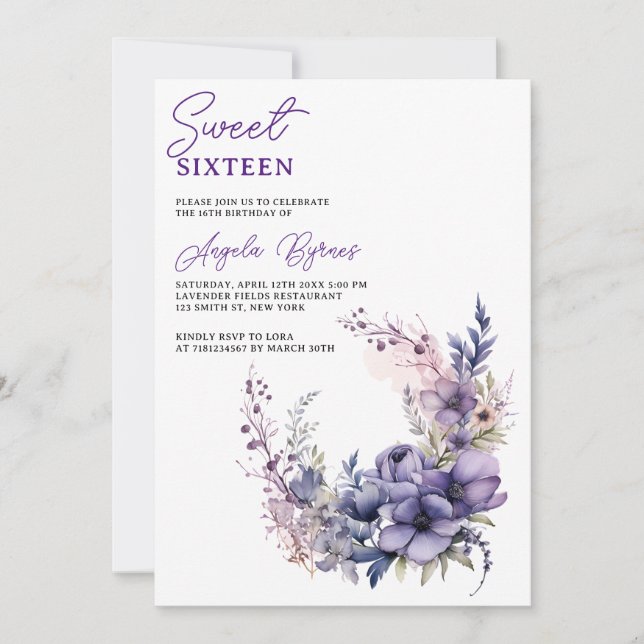 Elegant Purple Watercolor Floral Wreath Sweet 16  Invitation (Front)