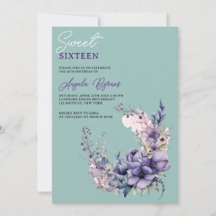 Elegant Purple Watercolor Floral Wreath Sweet 16 Invitation