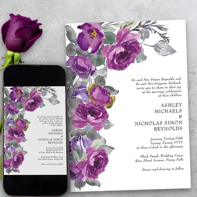 Elegant Purple Watercolor Flowers Formal Wedding Invitation (Purple floral formal wedding invitation from my Plush Purple Wedding Collection)