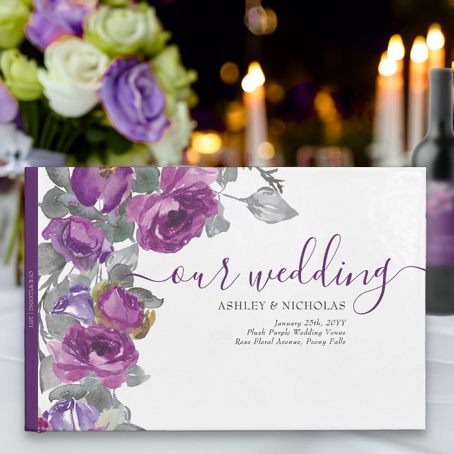 Elegant Purple Watercolor Flowers Wedding Guest Book (Elegant purple floral guest book from my Plush Purple Wedding Collection )